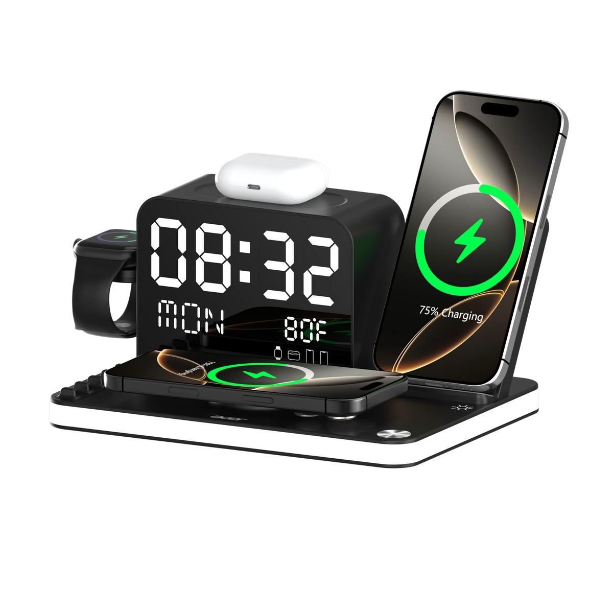 7-in-1 Fast Wireless Charging Station with Clock & Night Light