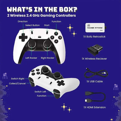 20,000+ Games Wireless Retro Game Stick – 4K HD Plug & Play Console with 2.4G Controllers & 64GB Card
