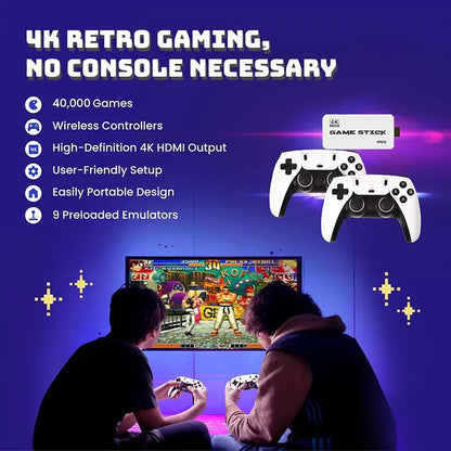 20,000+ Games Wireless Retro Game Stick – 4K HD Plug & Play Console with 2.4G Controllers & 64GB Card