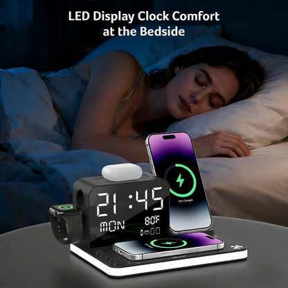 7-in-1 Fast Wireless Charging Station with Clock & Night Light