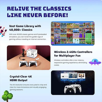 20,000+ Games Wireless Retro Game Stick – 4K HD Plug & Play Console with 2.4G Controllers & 64GB Card