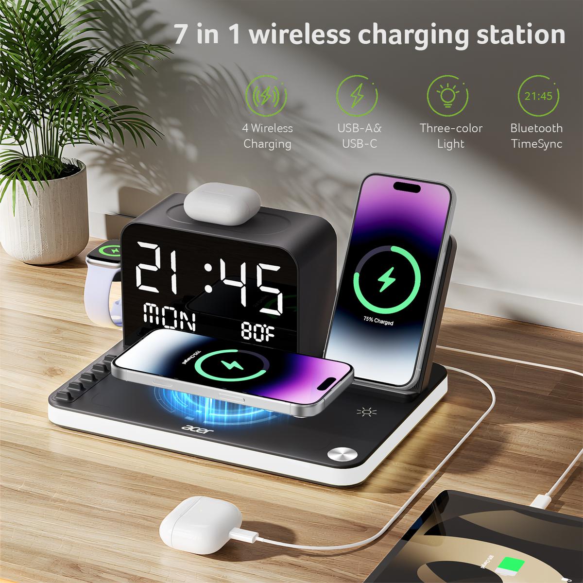 7-in-1 Fast Wireless Charging Station with Clock & Night Light