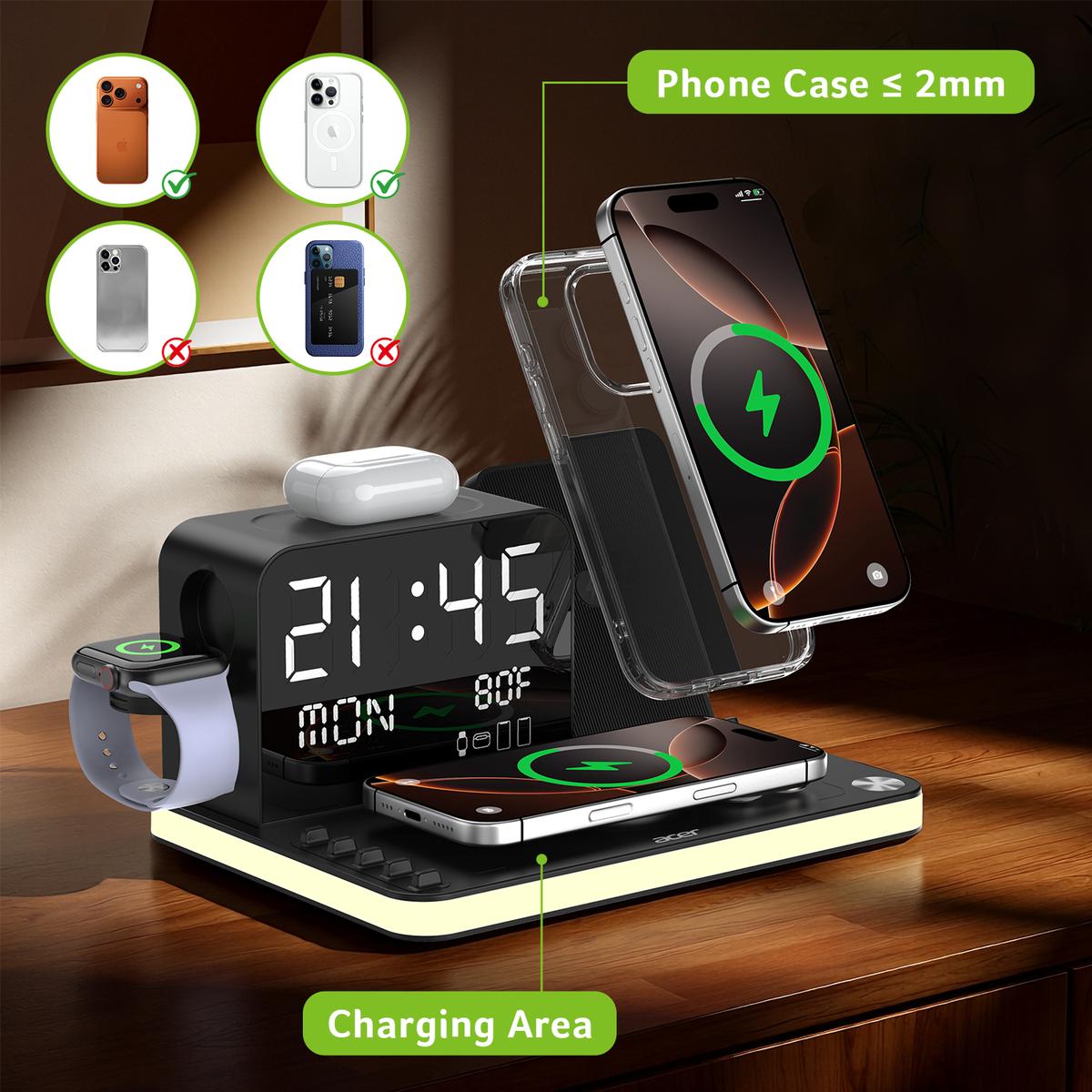 7-in-1 Fast Wireless Charging Station with Clock & Night Light