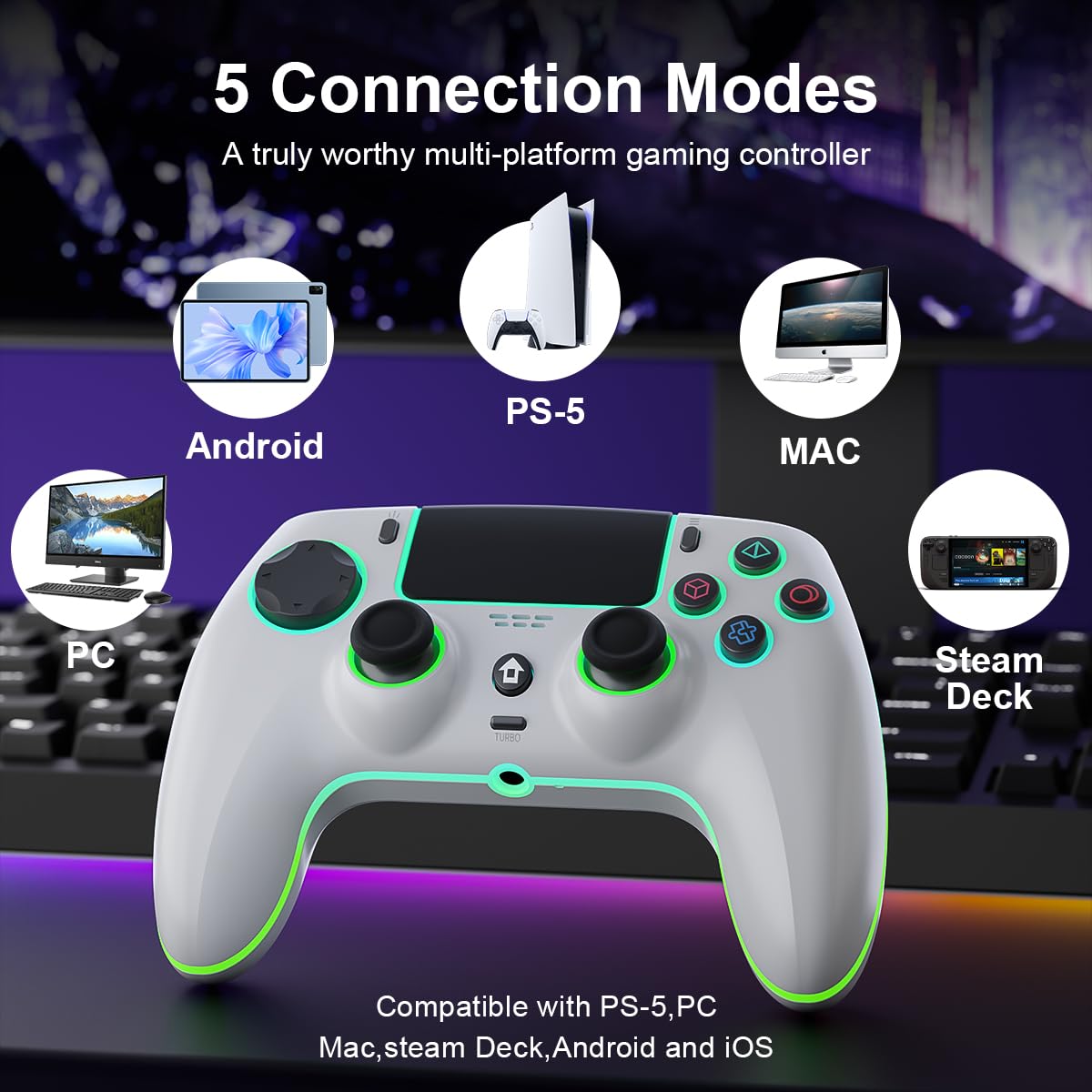 Wireless Game Controller for PS5, PC, Mac, iOS, Android & Steam Deck - 7-Color RGB Lighting, Dual Vibration, Turbo, Programmable, 6-Axis Gyro, Headset Jack, 1500mAh Battery