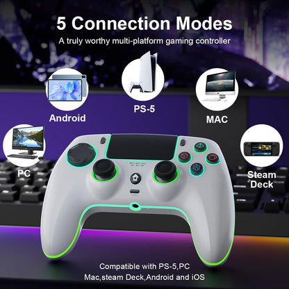 Wireless Game Controller for PS5, PC, Mac, iOS, Android & Steam Deck - 7-Color RGB Lighting, Dual Vibration, Turbo, Programmable, 6-Axis Gyro, Headset Jack, 1500mAh Battery