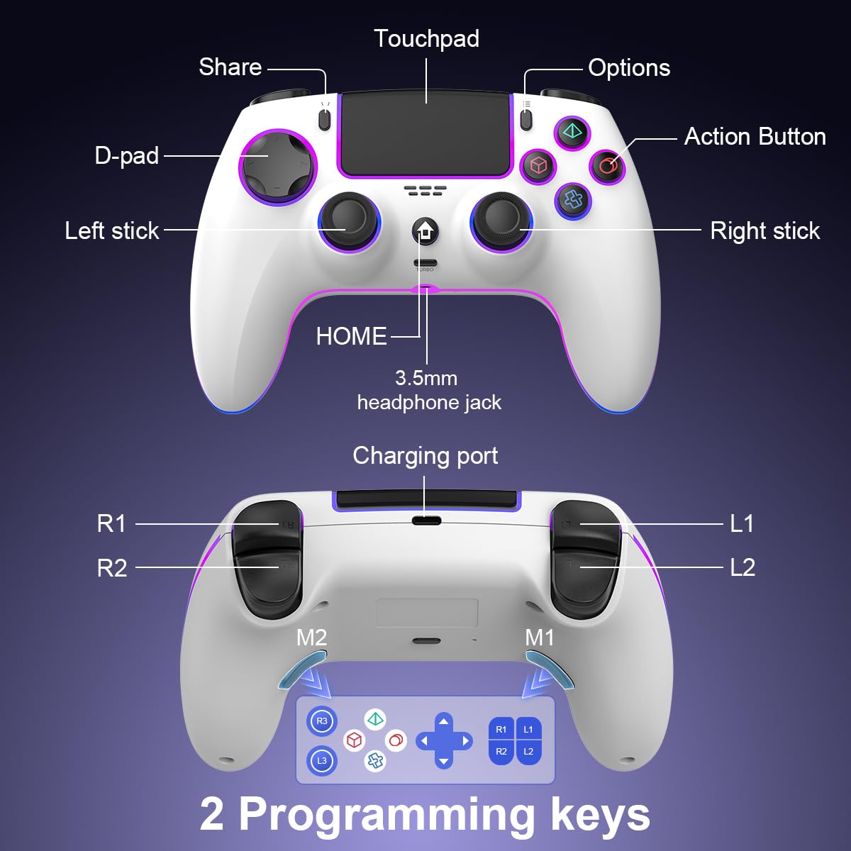Wireless Game Controller for PS5, PC, Mac, iOS, Android & Steam Deck - 7-Color RGB Lighting, Dual Vibration, Turbo, Programmable, 6-Axis Gyro, Headset Jack, 1500mAh Battery